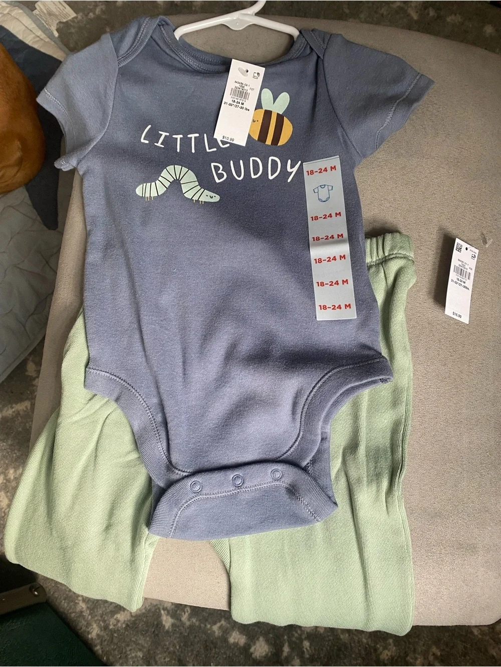 Old Navy Blue 'Little Buddy' Graphic Bodysuit with Light Green Pants